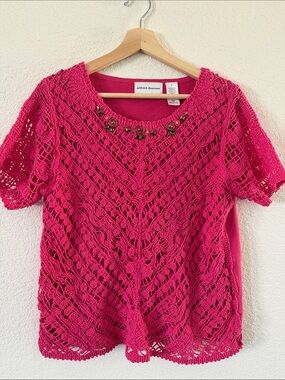Alfred Dunner Fuchsia Crochet Short Sleeve Tunic with Embellished Neckline